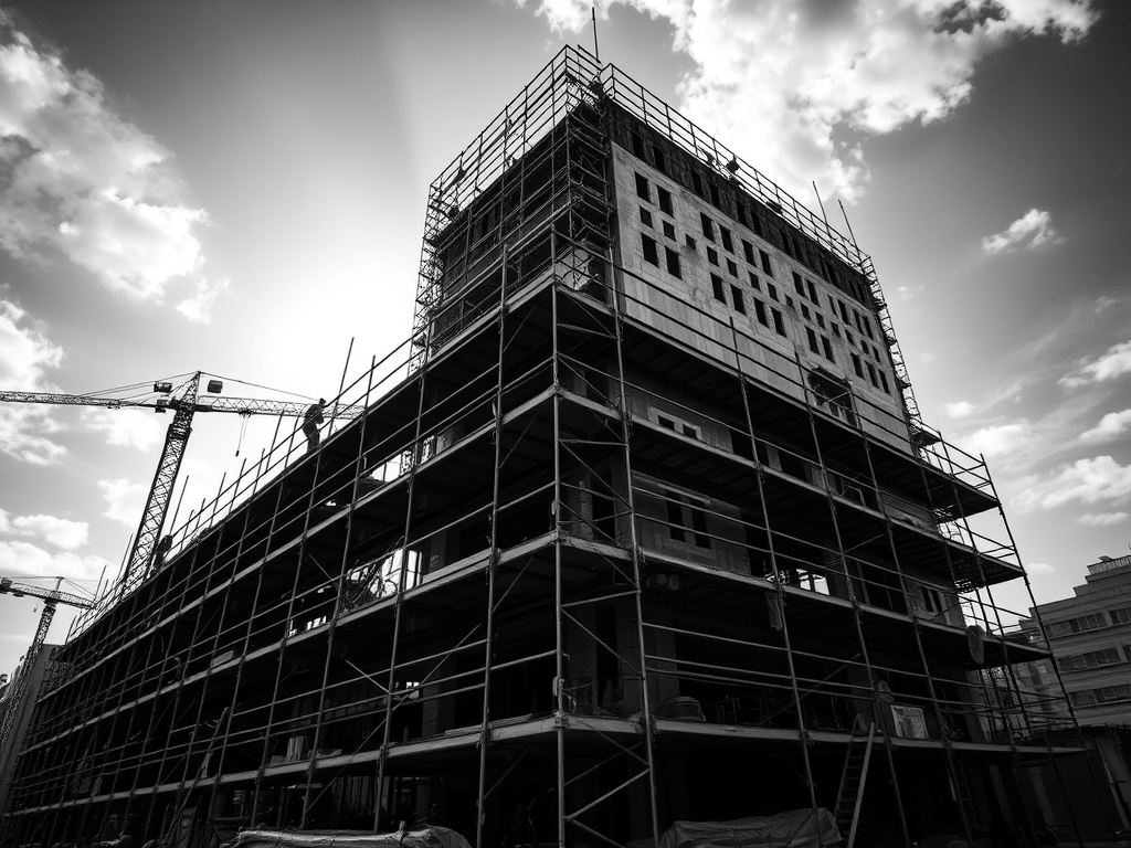 chantier de construction bâtiment, grue et échafaudage vue en contreplongée