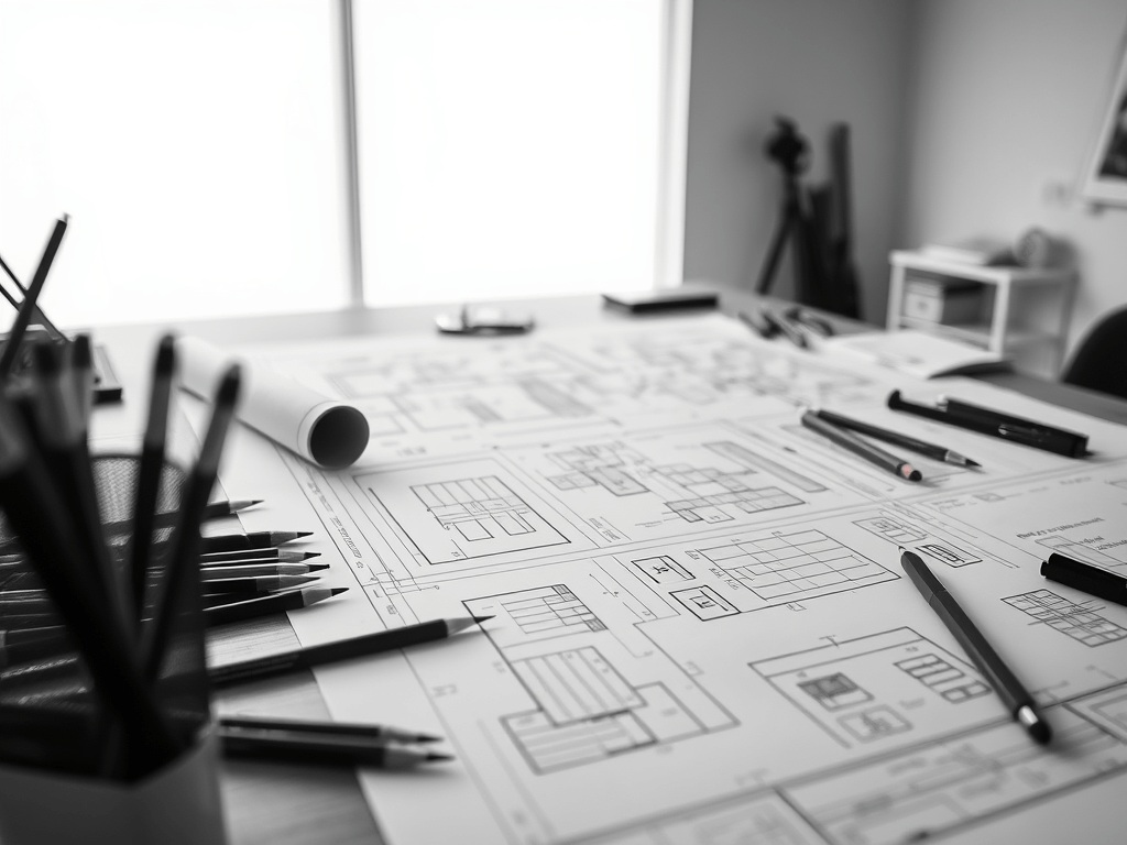 plans et éléments graphiques d'architecture sur une table de dessin avec crayons et calque